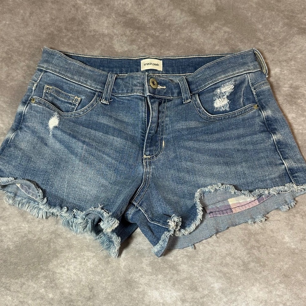 Sneak Peek Denim Shorts Womens Size S Blue Mid Rise Distressed Cut Off Frayed